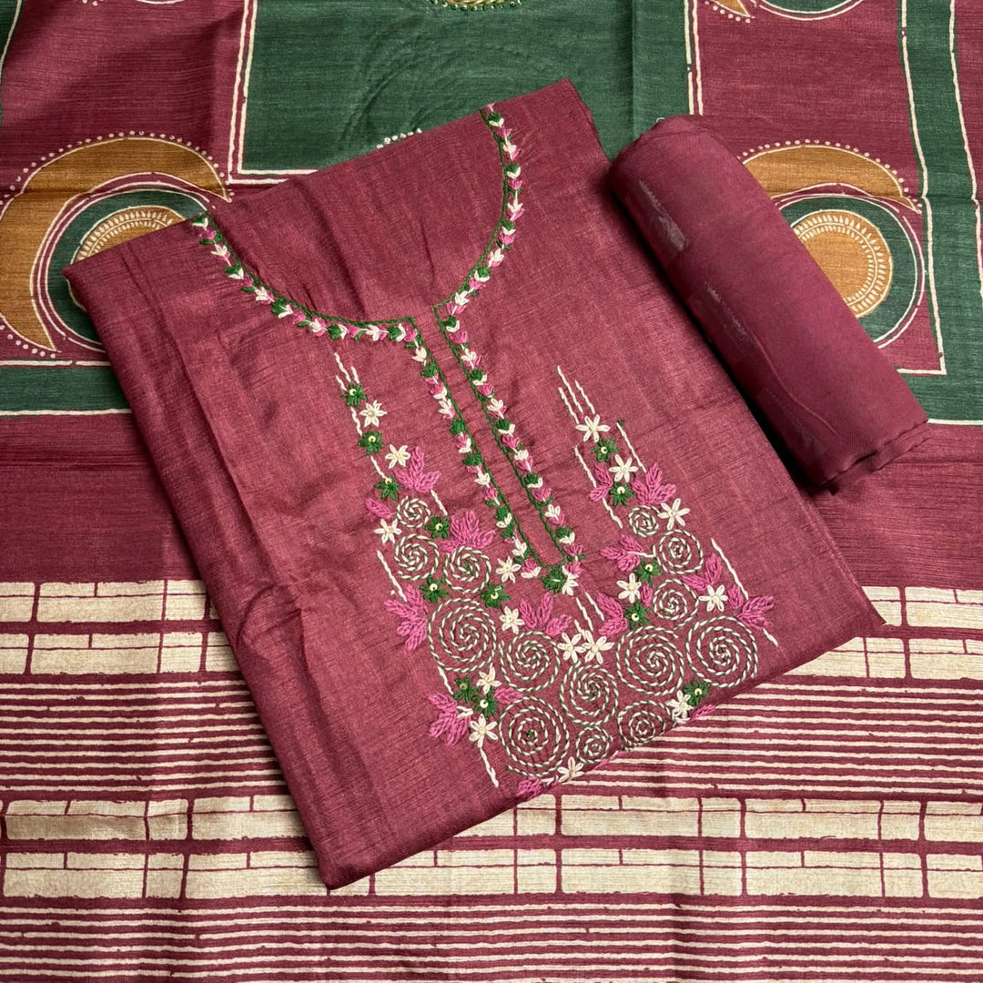Elegant Tiji Silk Thread & Single Dori Work Unstitched Suit Set-RE0410-A