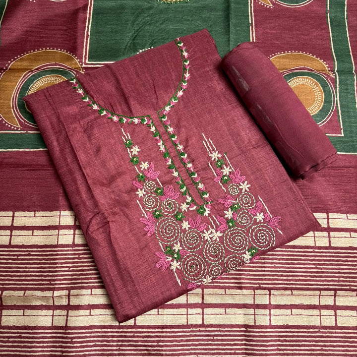 Elegant Tiji Silk Thread & Single Dori Work Unstitched Suit Set-RE0410-A
