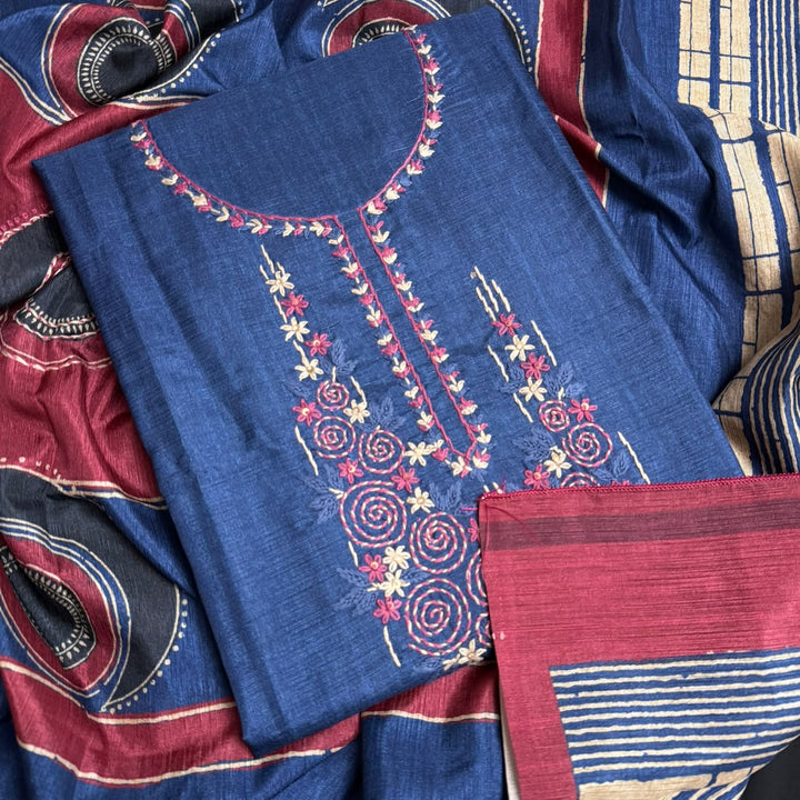 Elegant Tiji Silk Thread & Single Dori Work Unstitched Suit Set-RE0410-A1