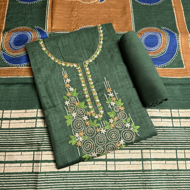 Elegant Tiji Silk Thread & Single Dori Work Unstitched Suit Set-RE0410-A2