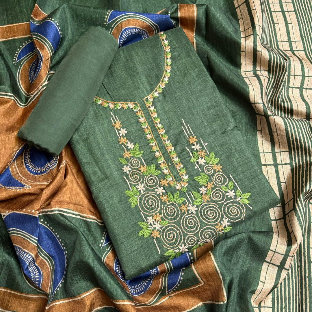 Elegant Tiji Silk Thread & Single Dori Work Unstitched Suit Set-RE0410-A2