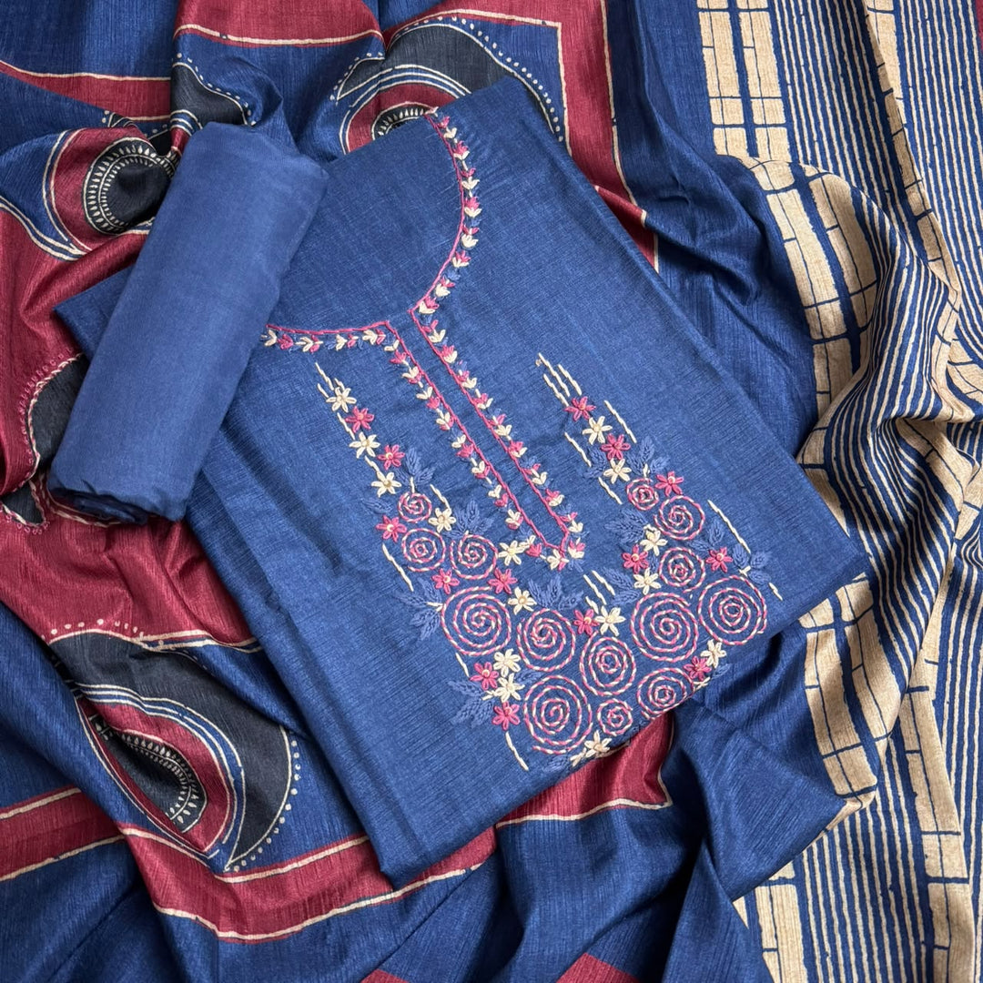 Elegant Tiji Silk Thread & Single Dori Work Unstitched Suit Set-RE0410-A1