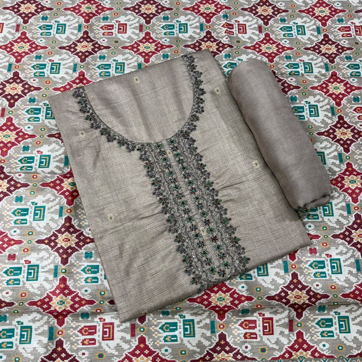 Elegant Tussar Silk Copper Dabka & Moti Work Unstitched Suit Set-RA0408-3