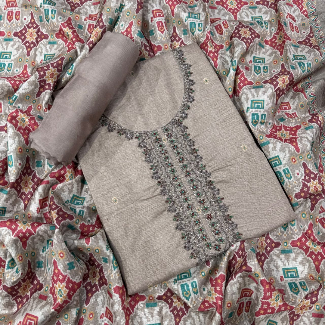 Elegant Tussar Silk Copper Dabka & Moti Work Unstitched Suit Set-RA0408-3