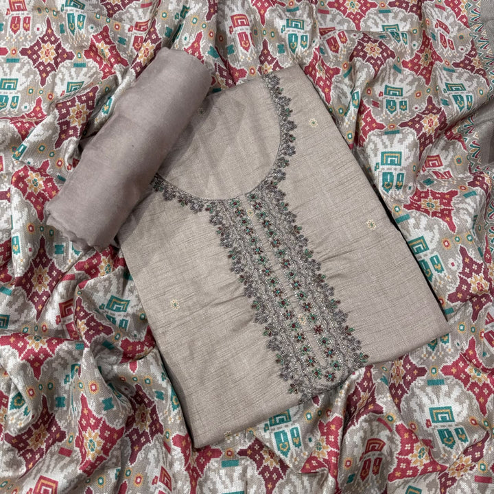 Elegant Tussar Silk Copper Dabka & Moti Work Unstitched Suit Set-RA0408-3