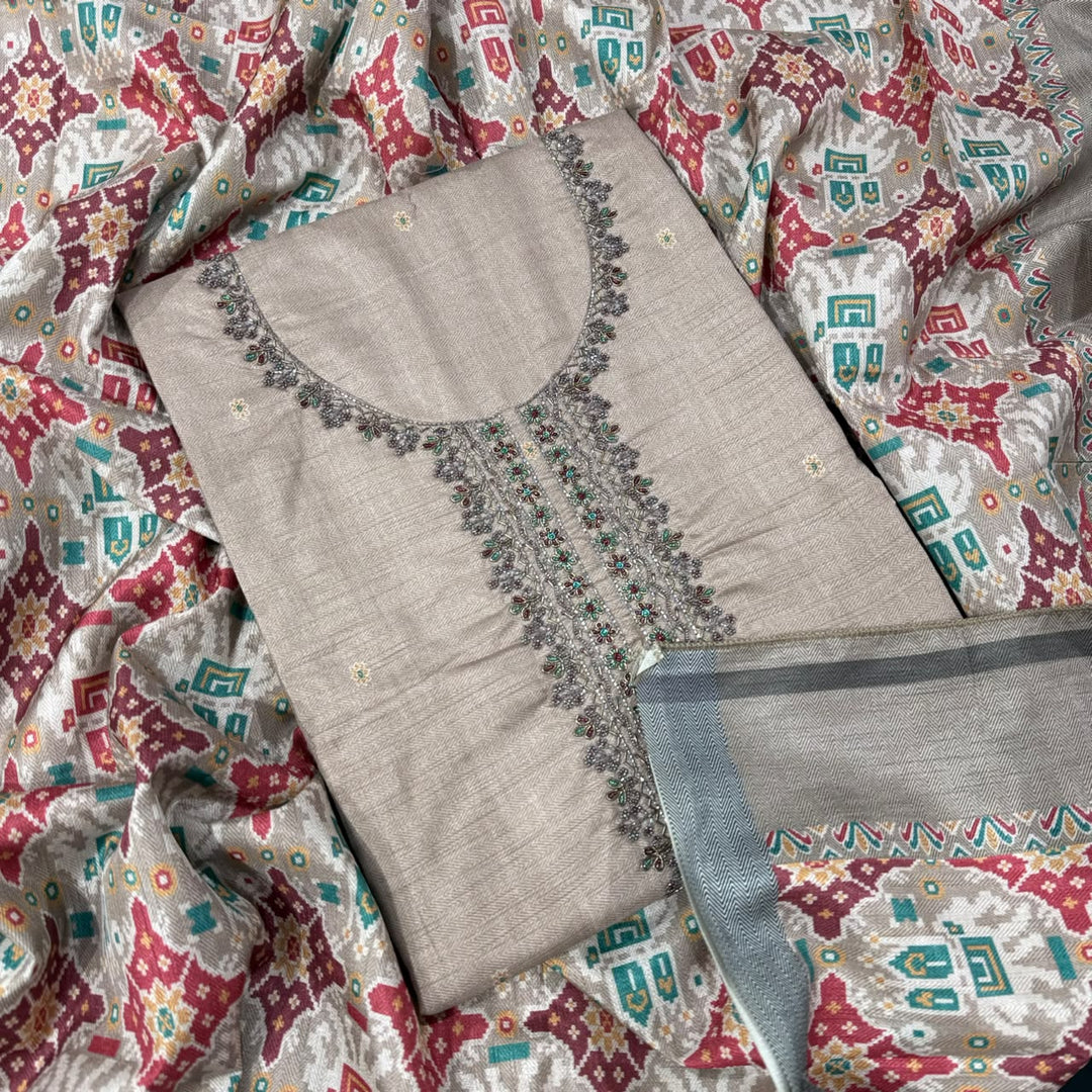 Elegant Tussar Silk Copper Dabka & Moti Work Unstitched Suit Set-RA0408-3