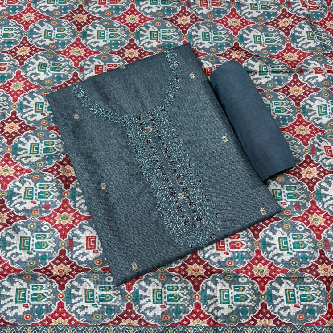 Elegant Tussar Silk Copper Dabka & Moti Work Unstitched Suit Set-RA0408-1