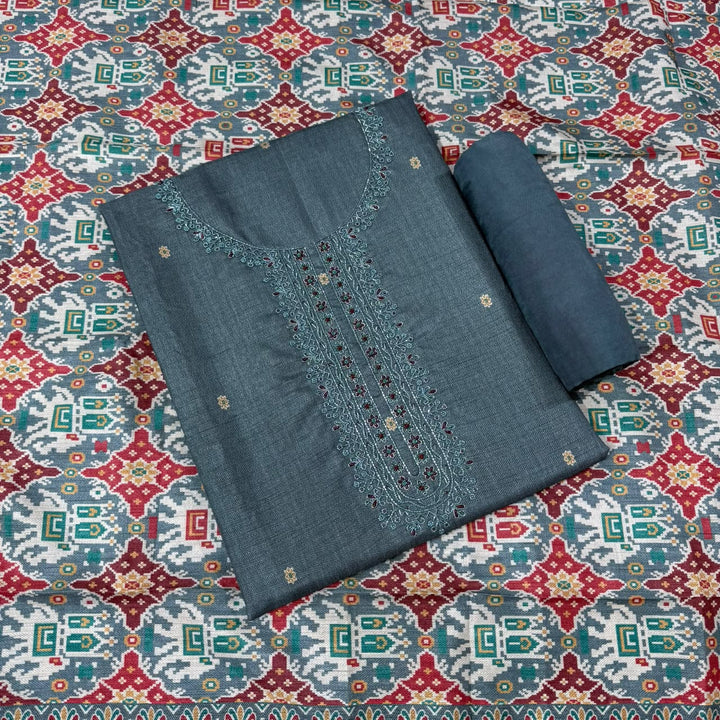 Elegant Tussar Silk Copper Dabka & Moti Work Unstitched Suit Set-RA0408-1