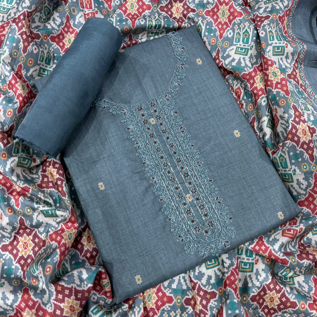 Elegant Tussar Silk Copper Dabka & Moti Work Unstitched Suit Set-RA0408-1