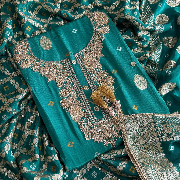 Premium Upada Silk Unstitched Suit Set with Golden Print-R13763-A1