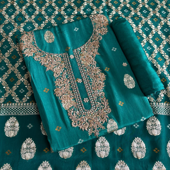Premium Upada Silk Unstitched Suit Set with Golden Print-R13763-A1