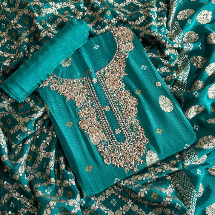 Premium Upada Silk Unstitched Suit Set with Golden Print-R13763-A1