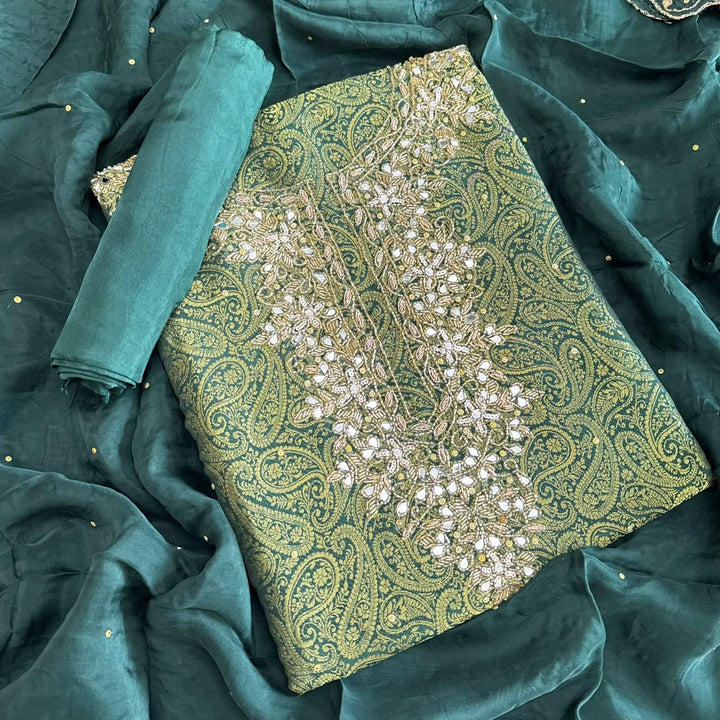 Premium Tanchui Silk Dabka Mirror Cut Dana Work Unstitched Suit - RK2257-1