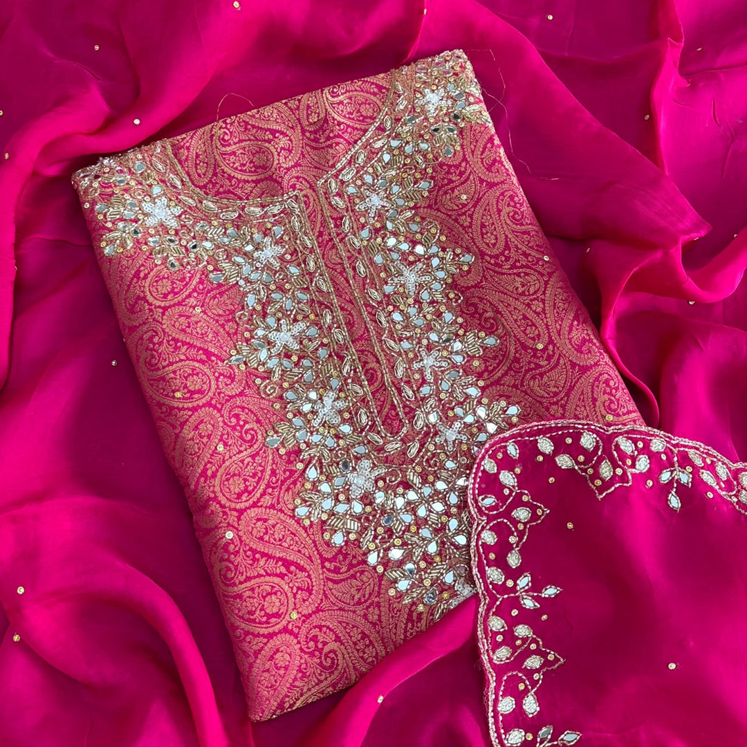 Premium Tanchui Silk Dabka Mirror Cut Dana Work Unstitched Suit - RK2257-2