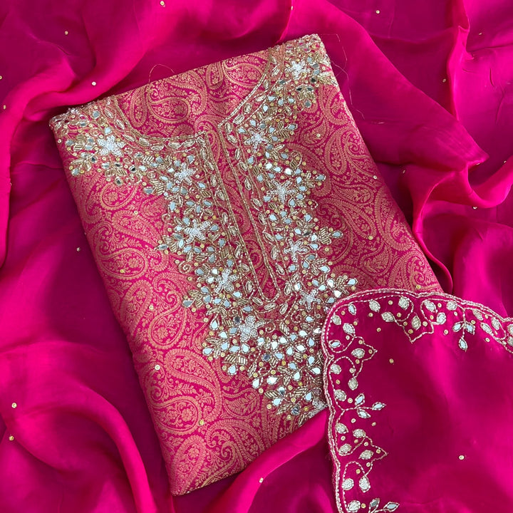 Premium Tanchui Silk Dabka Mirror Cut Dana Work Unstitched Suit - RK2257-2