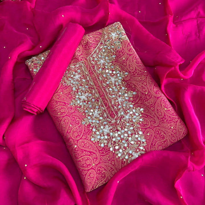 Premium Tanchui Silk Dabka Mirror Cut Dana Work Unstitched Suit - RK2257-2