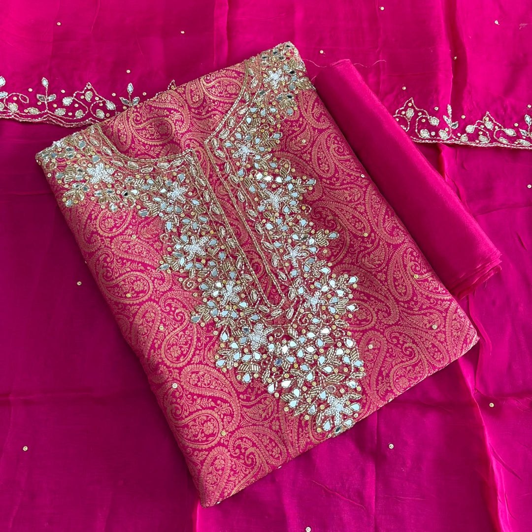 Premium Tanchui Silk Dabka Mirror Cut Dana Work Unstitched Suit - RK2257-2