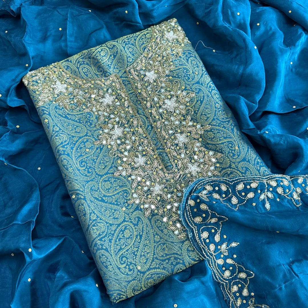 Premium Tanchui Silk Dabka Mirror Cut Dana Work Unstitched Suit - RK2257-5
