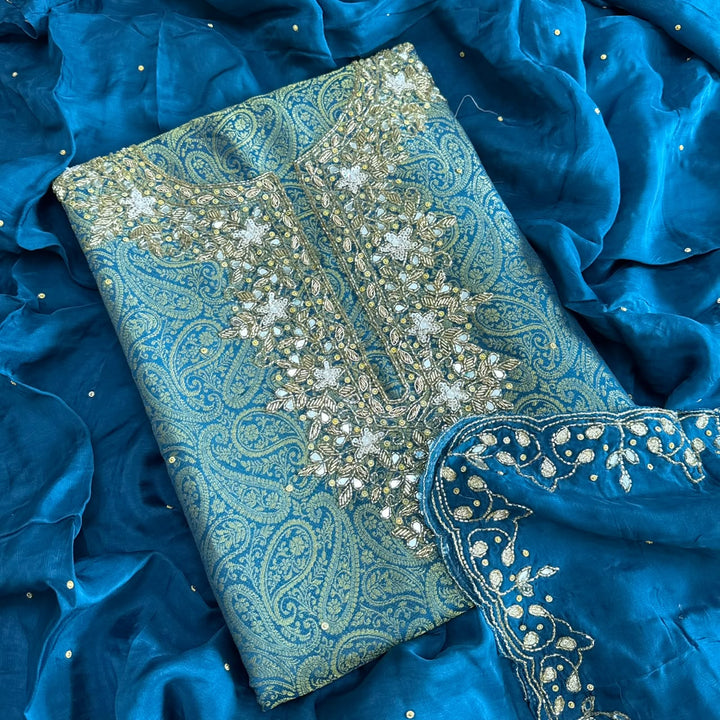 Premium Tanchui Silk Dabka Mirror Cut Dana Work Unstitched Suit - RK2257-5