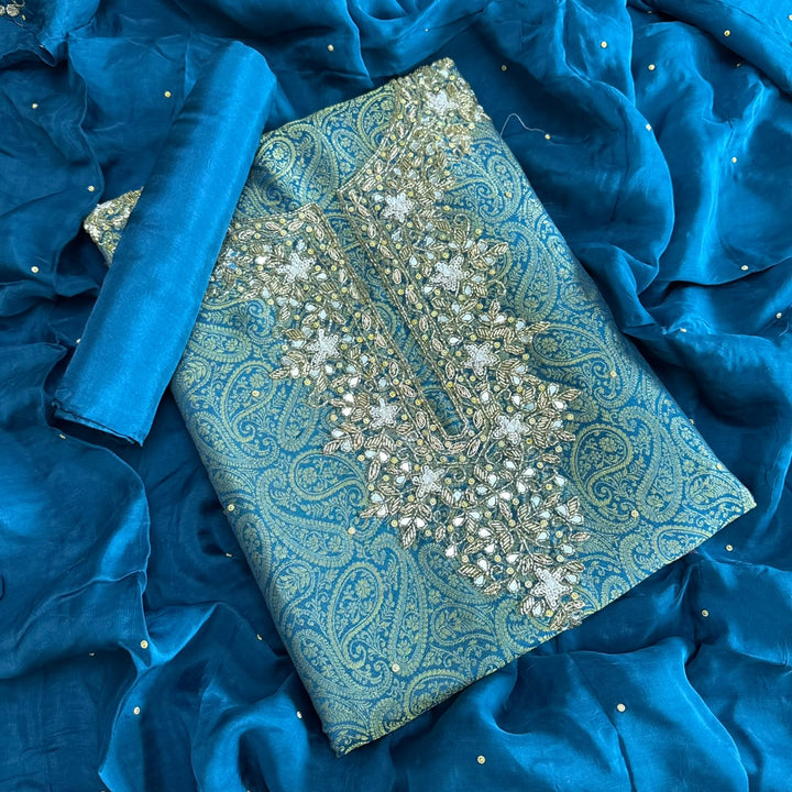 Premium Tanchui Silk Dabka Mirror Cut Dana Work Unstitched Suit - RK2257-5