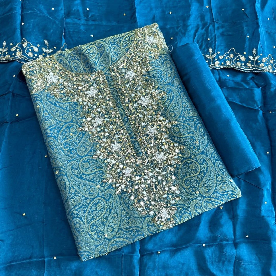 Premium Tanchui Silk Dabka Mirror Cut Dana Work Unstitched Suit - RK2257-5