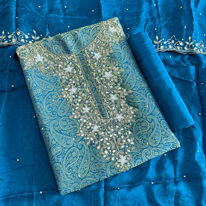 Premium Tanchui Silk Dabka Mirror Cut Dana Work Unstitched Suit - RK2257-5