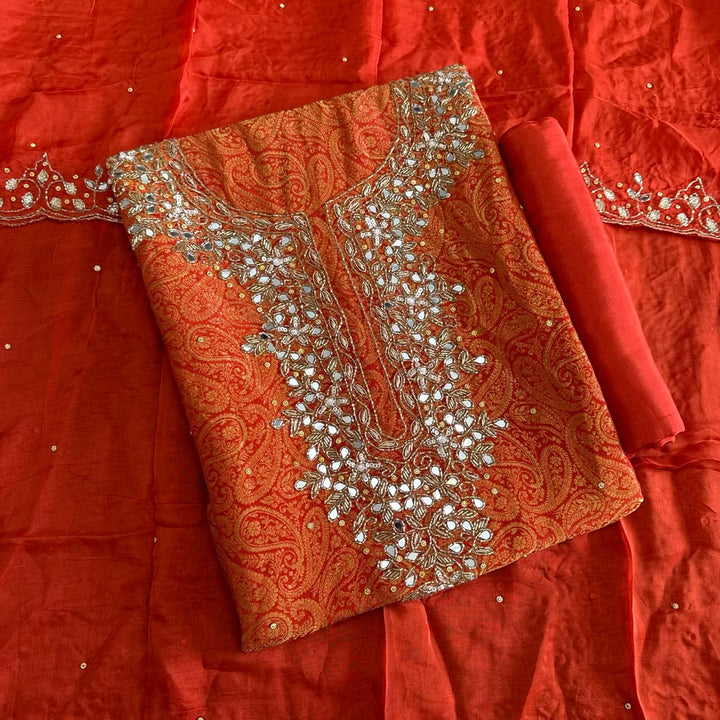 Premium Tanchui Silk Dabka Mirror Cut Dana Work Unstitched Suit - RK2257-4