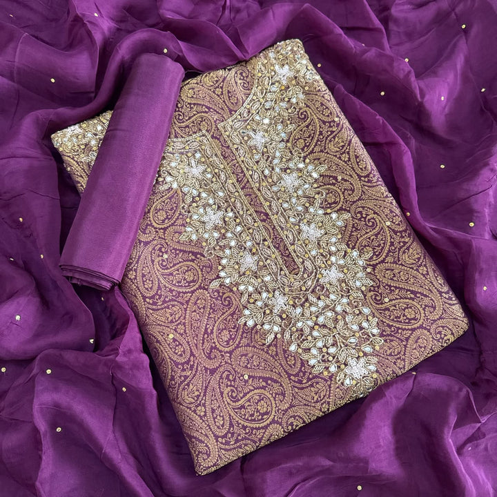 Premium Tanchui Silk Dabka Mirror Cut Dana Work Unstitched Suit - RK2257-7