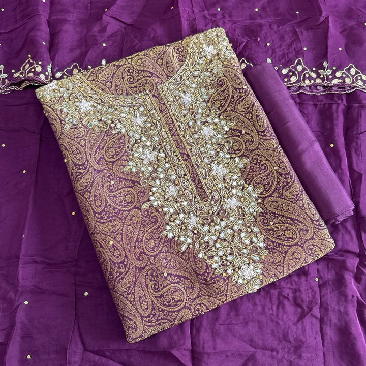 Premium Tanchui Silk Dabka Mirror Cut Dana Work Unstitched Suit - RK2257-7