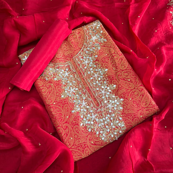 Premium Tanchui Silk Dabka Mirror Cut Dana Work Unstitched Suit - RK2257-6