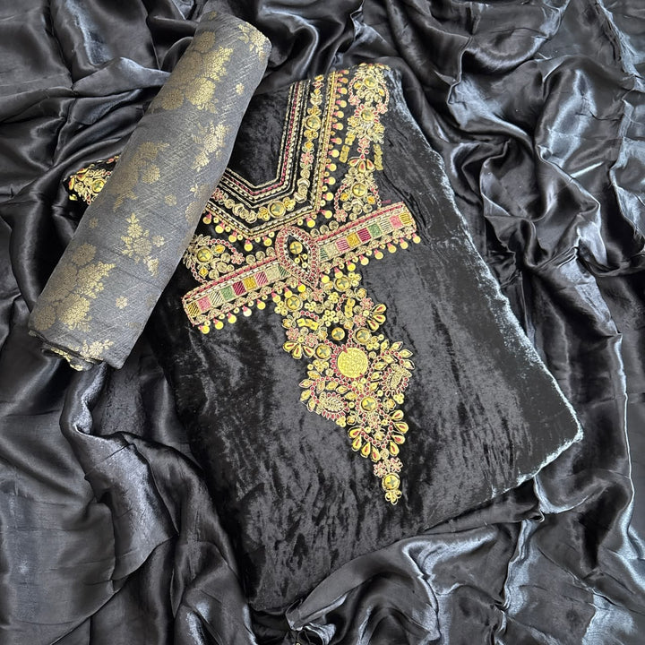 Premium Velvet Unstitched Suit Set-DF3212-A