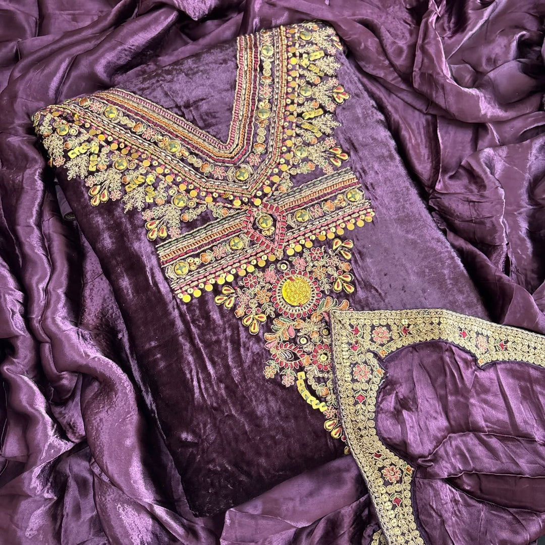Premium Velvet Unstitched Suit Set-DF3212-A1