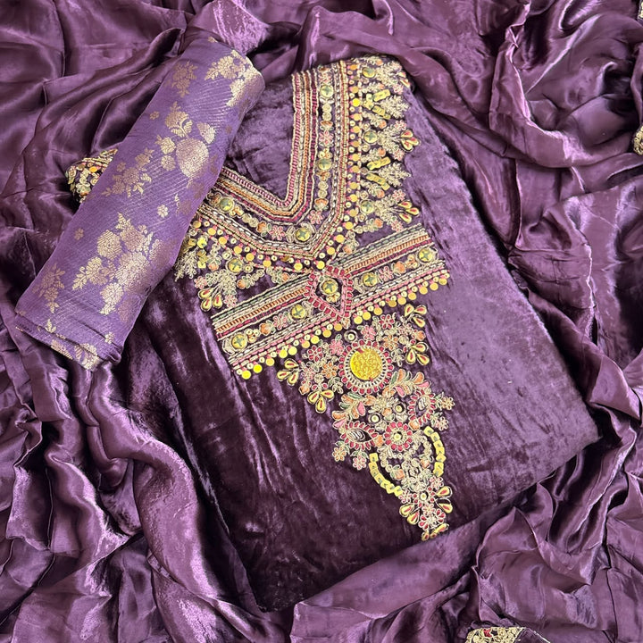Premium Velvet Unstitched Suit Set-DF3212-A1
