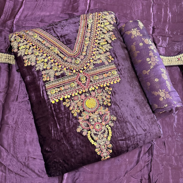 Premium Velvet Unstitched Suit Set-DF3212-A1