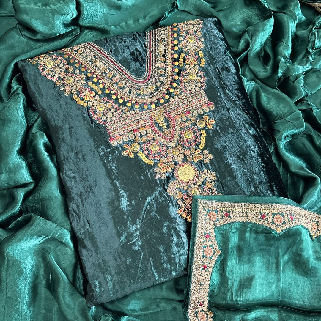 Premium Velvet Unstitched Suit Set-DF3212-A2