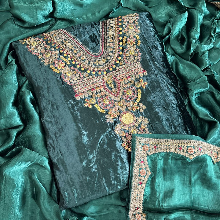 Premium Velvet Unstitched Suit Set-DF3212-A2