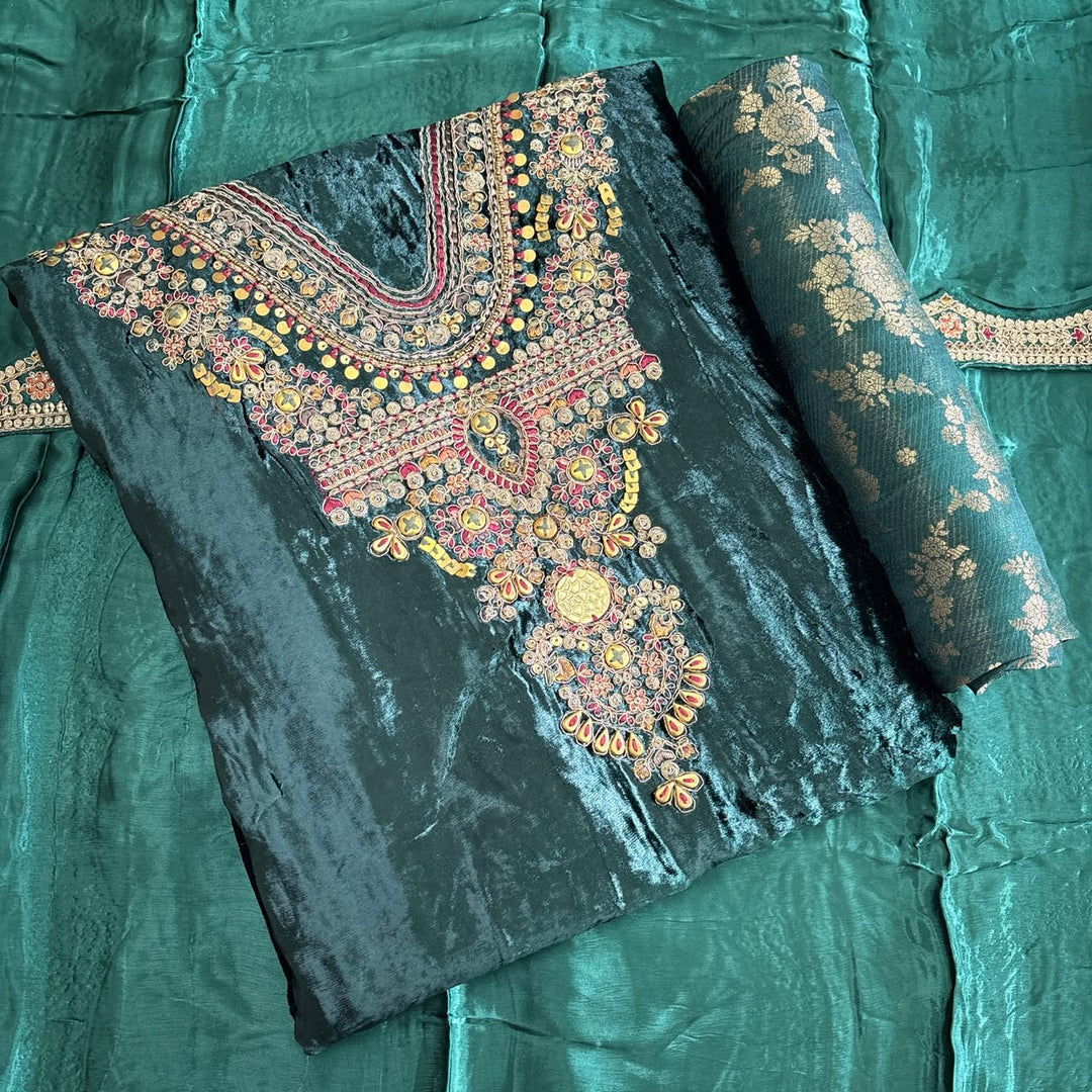 Premium Velvet Unstitched Suit Set-DF3212-A2