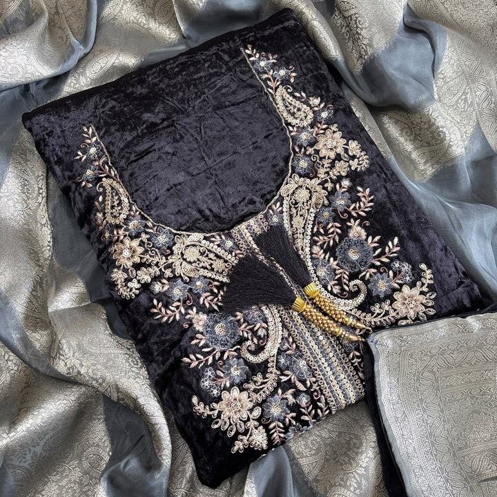 Premium Velvet Unstitched Suit Set with Multicolour Thread-DF3208-A