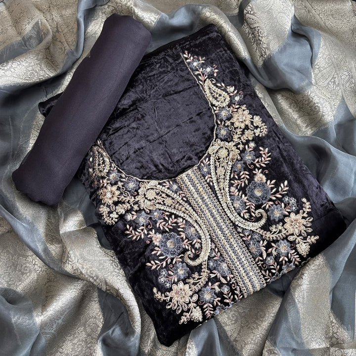 Premium Velvet Unstitched Suit Set with Multicolour Thread-DF3208-A
