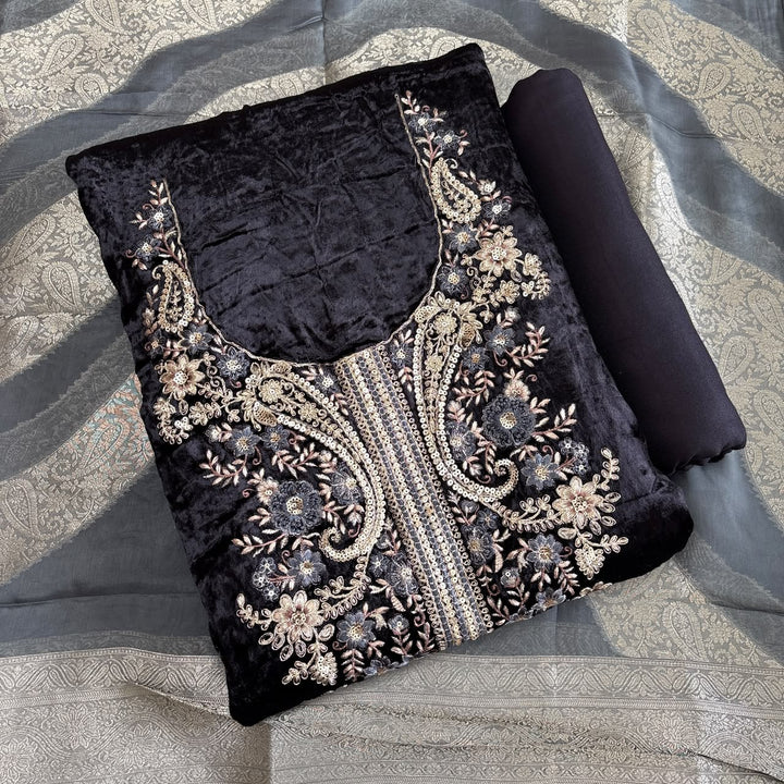 Premium Velvet Unstitched Suit Set with Multicolour Thread-DF3208-A