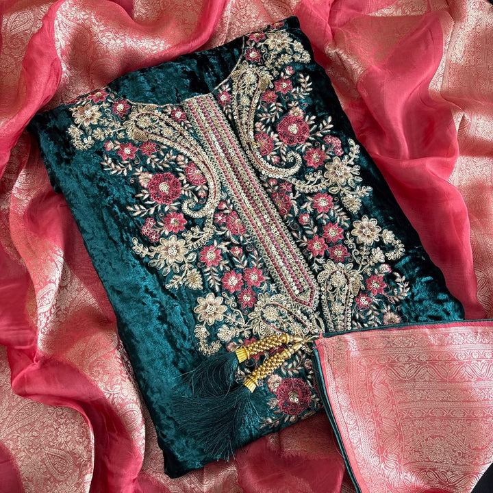 Premium Velvet Unstitched Suit Set with Multicolour Thread-DF3208-A1
