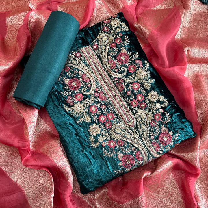 Premium Velvet Unstitched Suit Set with Multicolour Thread-DF3208-A1