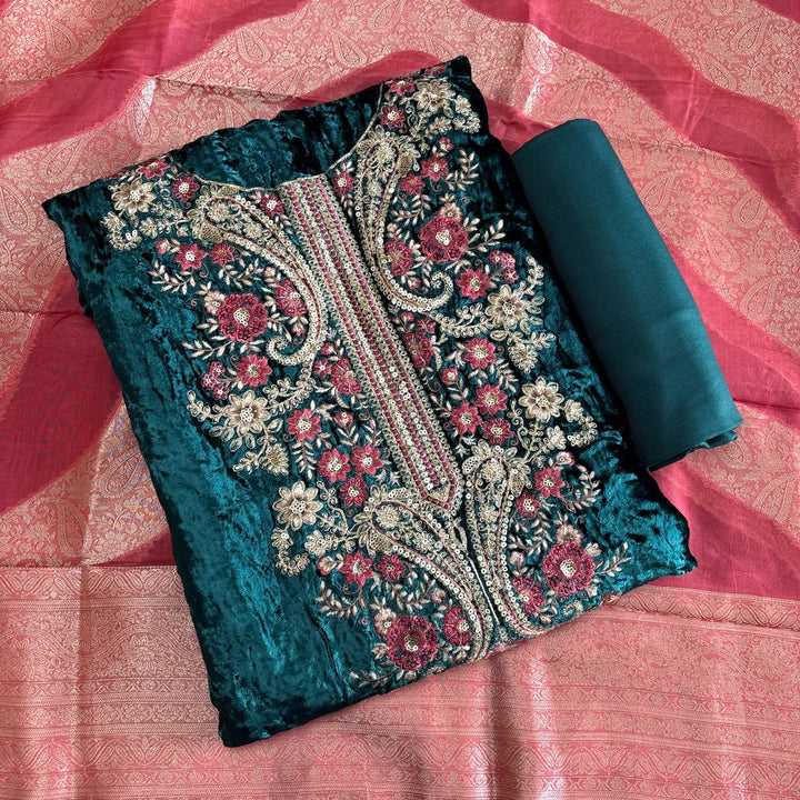 Premium Velvet Unstitched Suit Set with Multicolour Thread-DF3208-A1