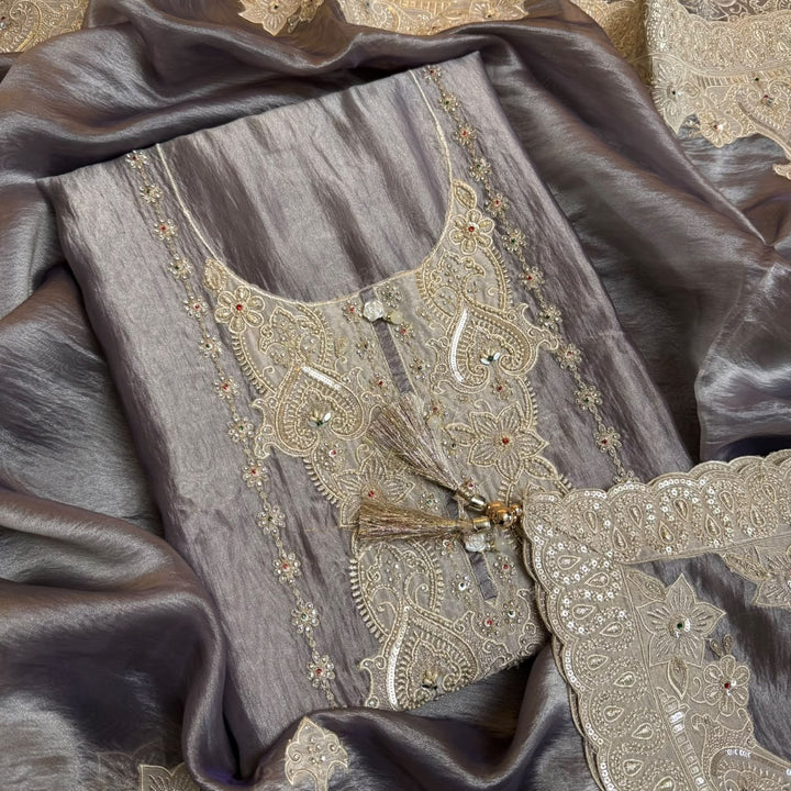 Premium Organza Unstitched Suit Set with Patch Work | R13505