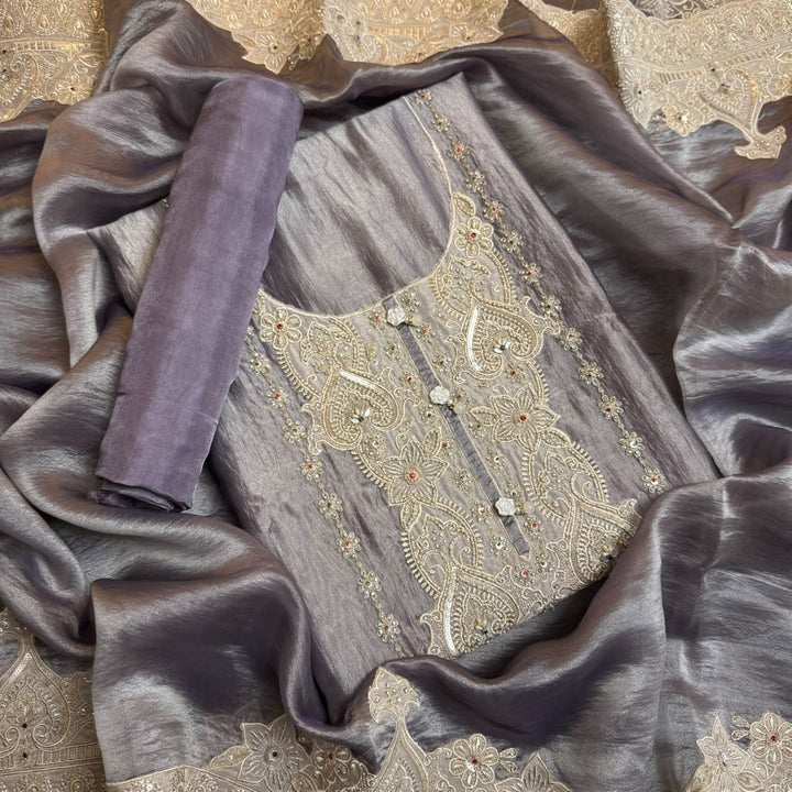 Premium Organza Unstitched Suit Set with Patch Work | R13505