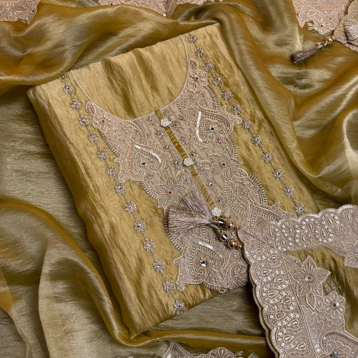 Premium Organza Unstitched Suit Set with Patch Work | R13505 | A