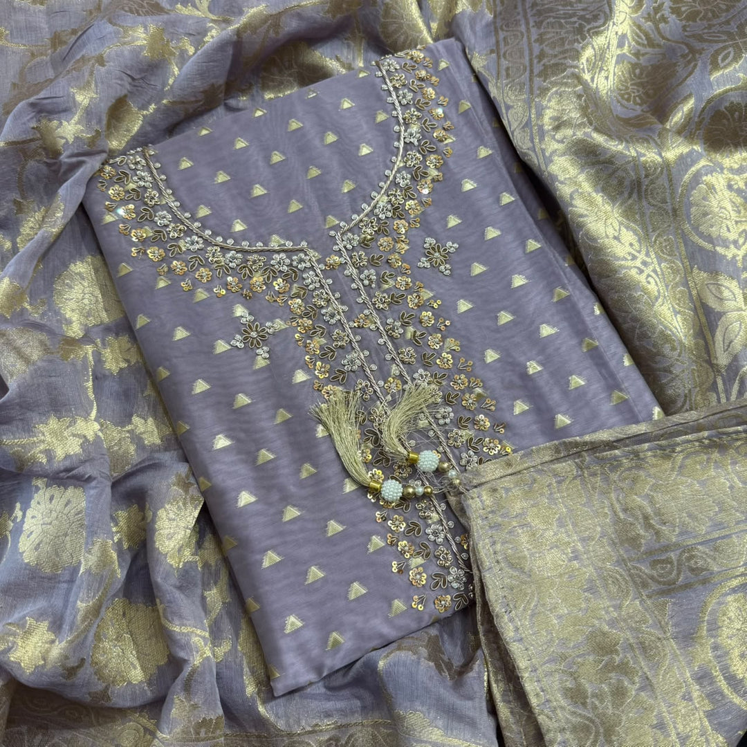Premium Silk Chanderi Unstitched Suit Set-BR1405-1