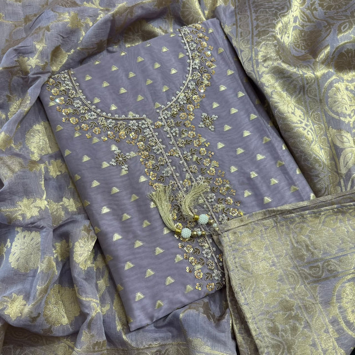 Premium Silk Chanderi Unstitched Suit Set-BR1405-1