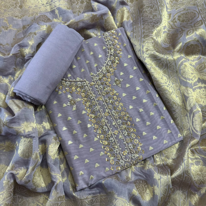 Premium Silk Chanderi Unstitched Suit Set-BR1405-1