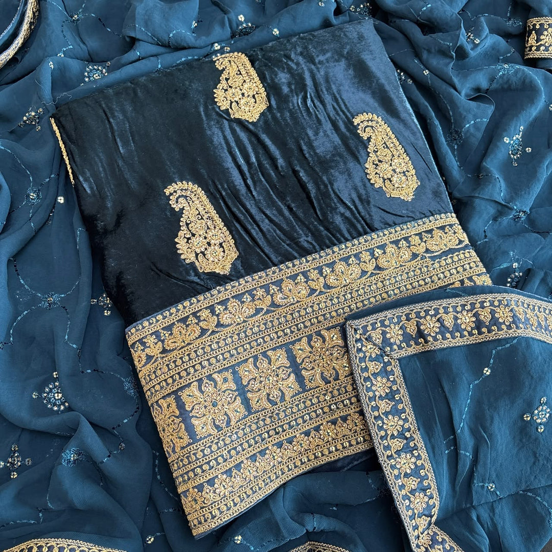 Premium Velvet Zari & Sequins Embroidered Unstitched Suit Set-DF3211